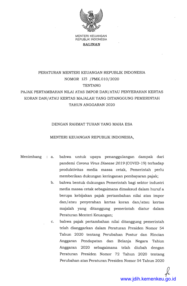 Peraturan Menteri Keuangan Nomor 125/PMK.010/2020