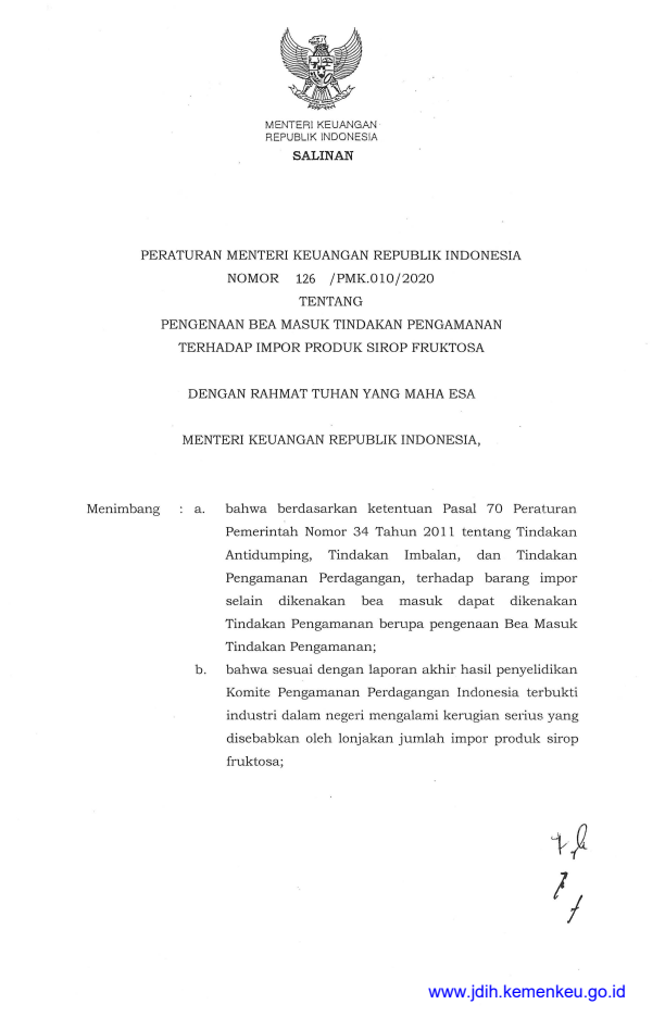 Peraturan Menteri Keuangan Nomor 126/PMK.010/2020