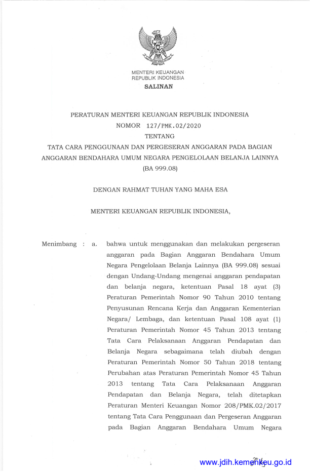 Peraturan Menteri Keuangan Nomor 127/PMK.02/2020