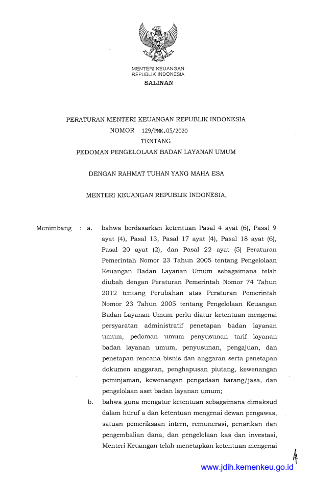 Peraturan Menteri Keuangan Nomor 129/PMK.05/2020