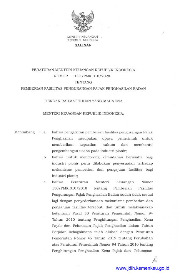 Peraturan Menteri Keuangan Nomor 130/PMK.010/2020