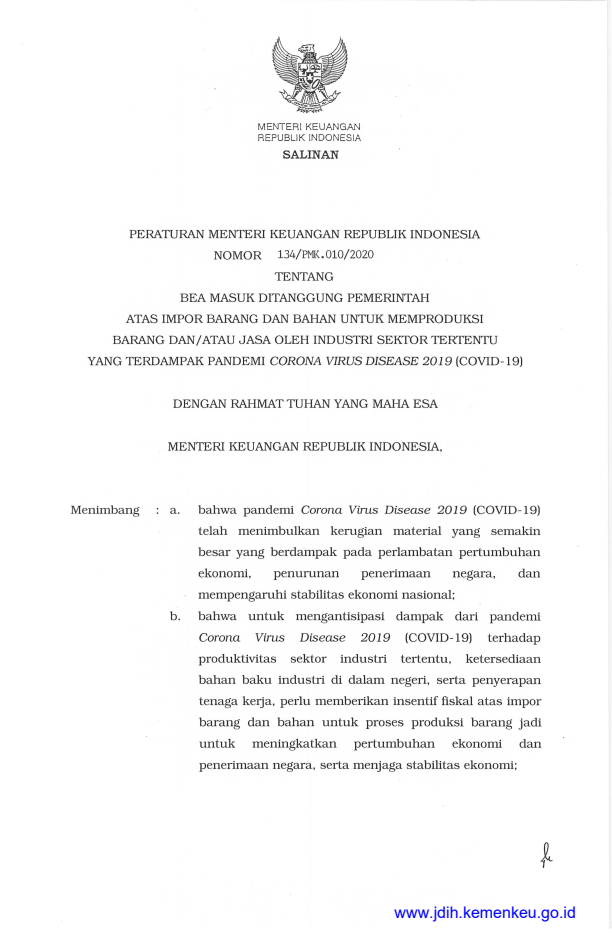 Peraturan Menteri Keuangan Nomor 134/PMK.010/2020