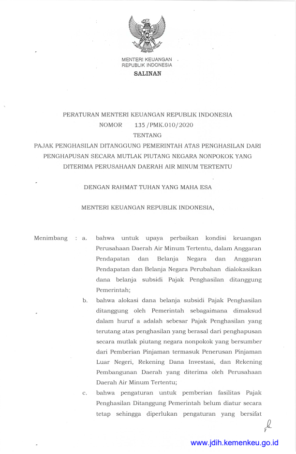 Peraturan Menteri Keuangan Nomor 135/PMK.010/2020