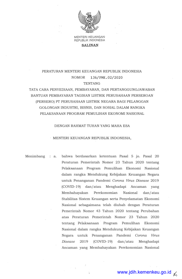 Peraturan Menteri Keuangan Nomor 136/PMK.02/2020