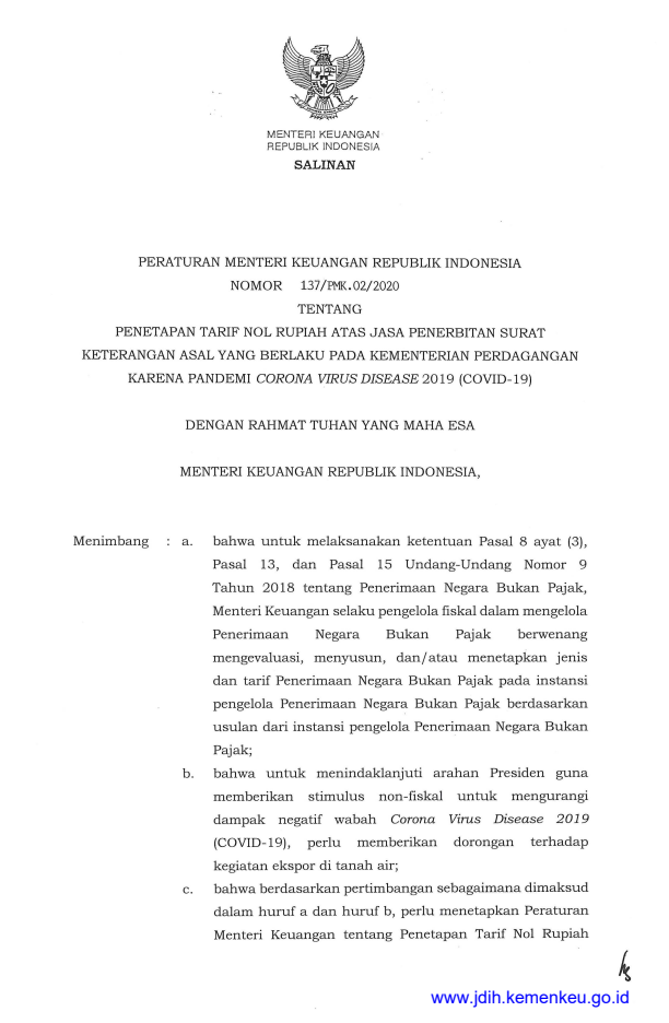 Peraturan Menteri Keuangan Nomor 137/PMK.02/2020