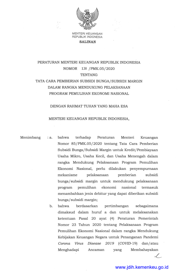 Peraturan Menteri Keuangan Nomor 138/PMK.05/2020