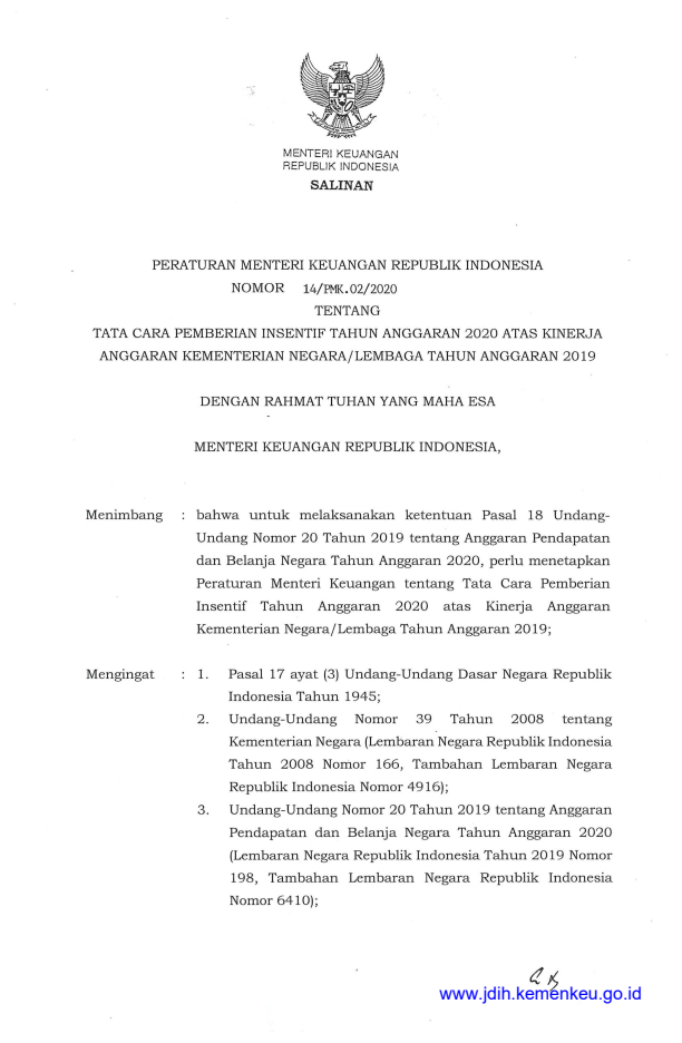 Peraturan Menteri Keuangan Nomor 14/PMK.02/2020