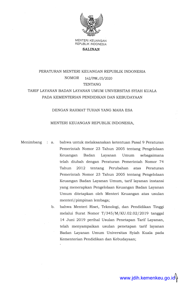 Peraturan Menteri Keuangan Nomor 142/PMK.05/2020