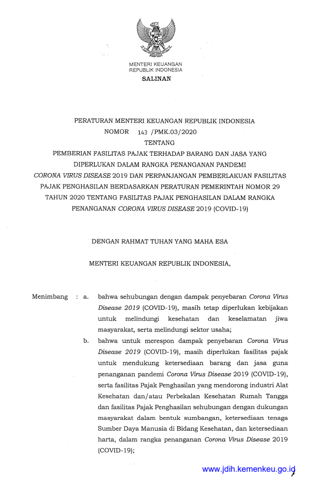 Peraturan Menteri Keuangan Nomor 143/PMK.03/2020