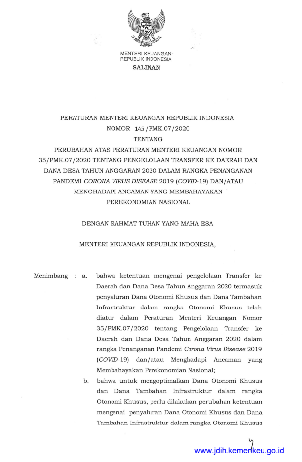 Peraturan Menteri Keuangan Nomor 145/PMK.07/2020