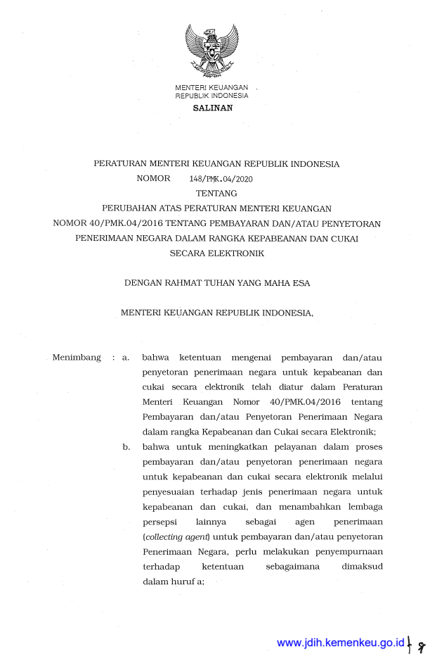 Peraturan Menteri Keuangan Nomor 148/PMK.04/2020