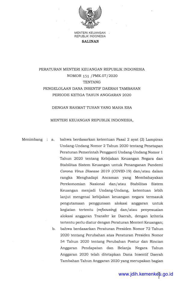 Peraturan Menteri Keuangan Nomor 151/PMK.07/2020