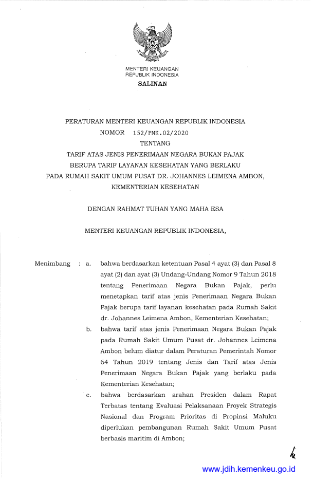 Peraturan Menteri Keuangan Nomor 152/PMK.02/2020