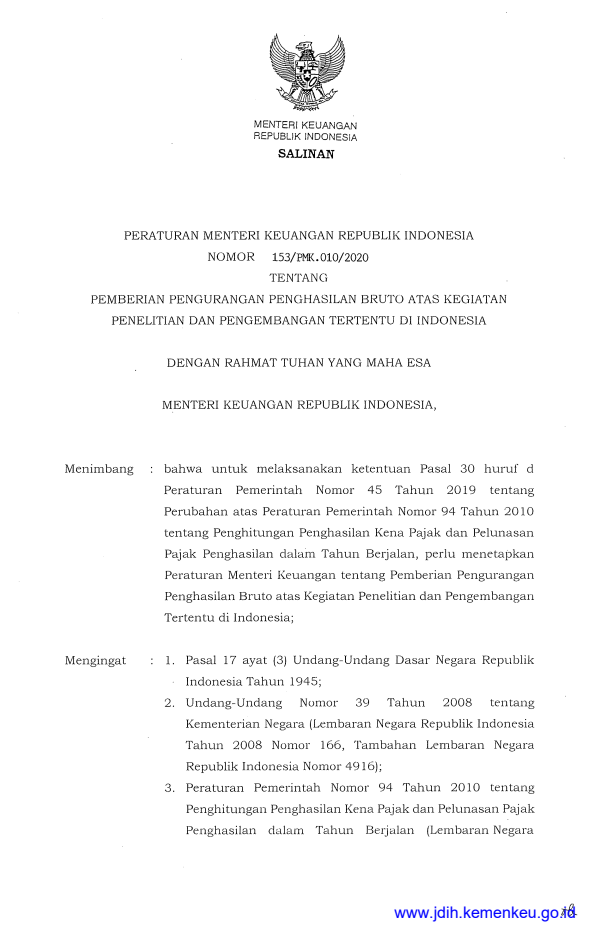 Peraturan Menteri Keuangan Nomor 153/PMK.010/2020