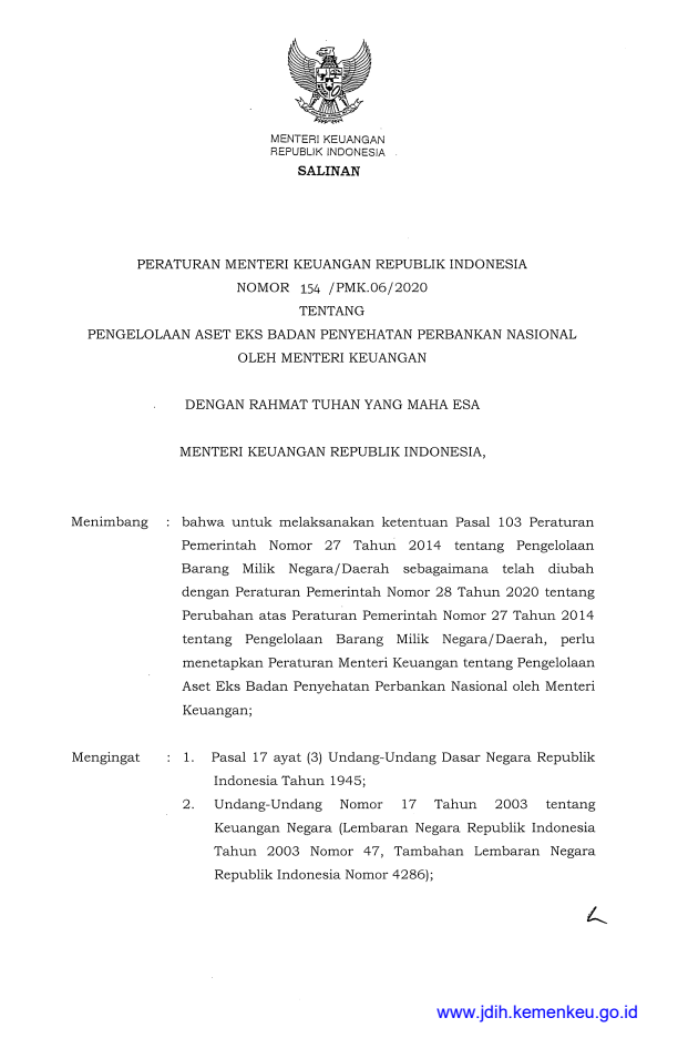 Peraturan Menteri Keuangan Nomor 154/PMK.06/2020