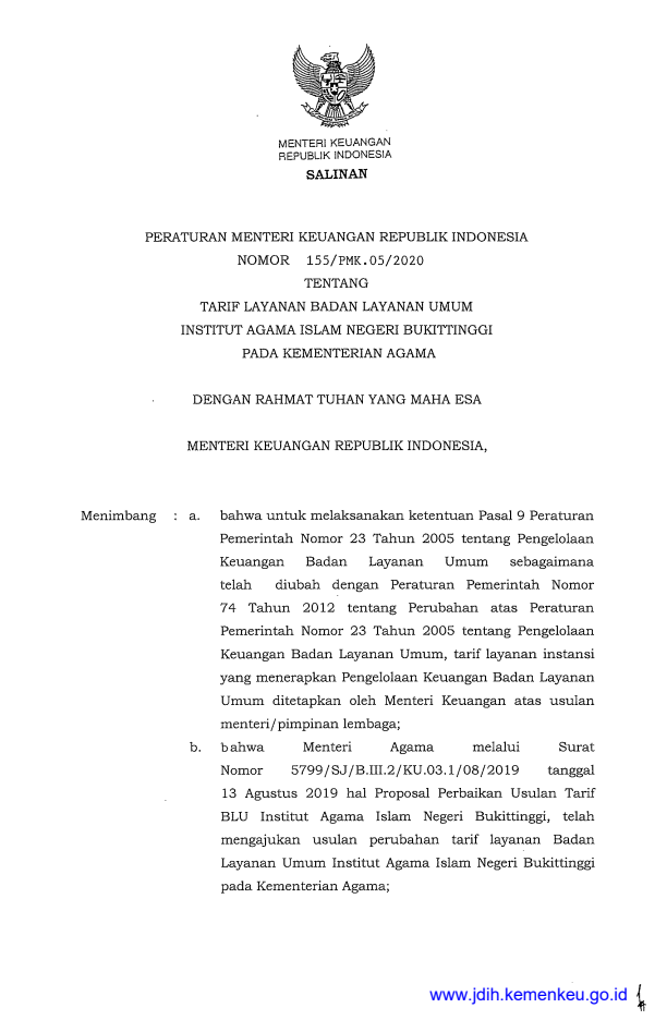 Peraturan Menteri Keuangan Nomor 155/PMK.05/2020