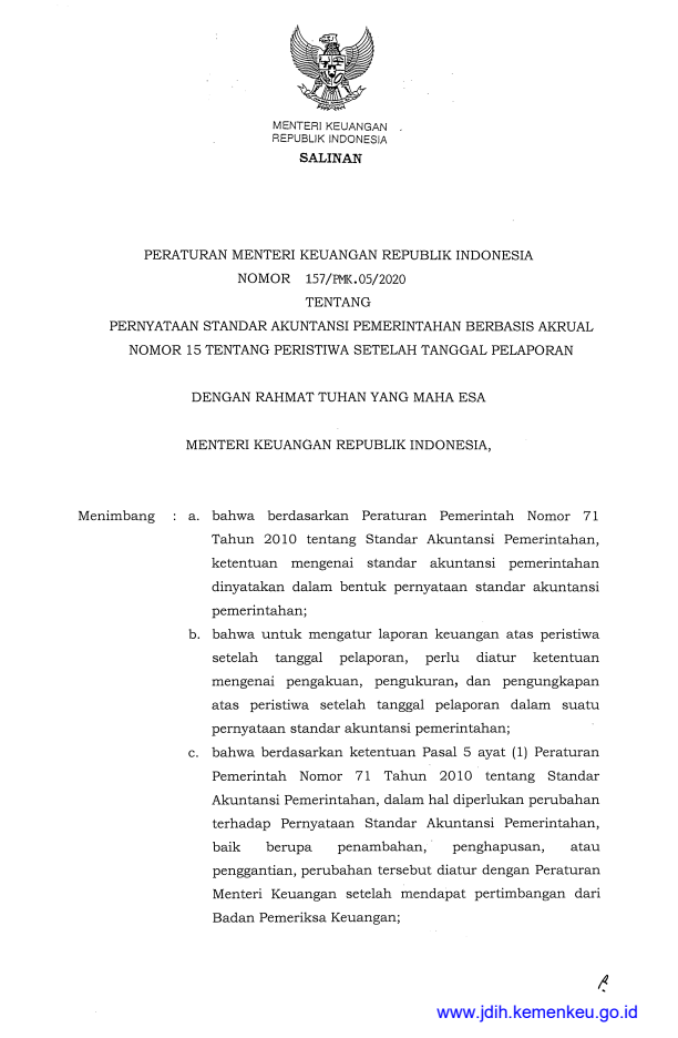 Peraturan Menteri Keuangan Nomor 157/PMK.05/2020