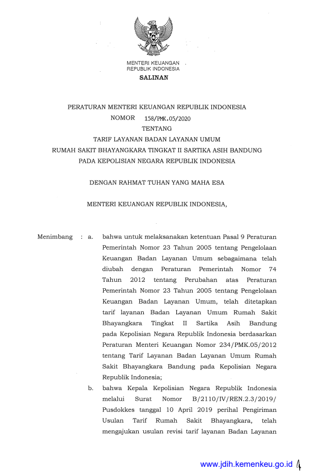 Peraturan Menteri Keuangan Nomor 158/PMK.05/2020