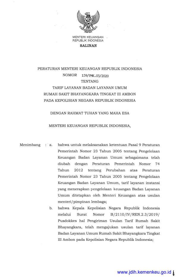 Peraturan Menteri Keuangan Nomor 159/PMK.05/2020