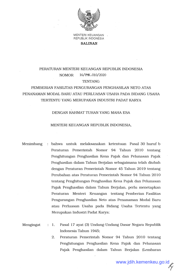 Peraturan Menteri Keuangan Nomor 16/PMK.010/2020