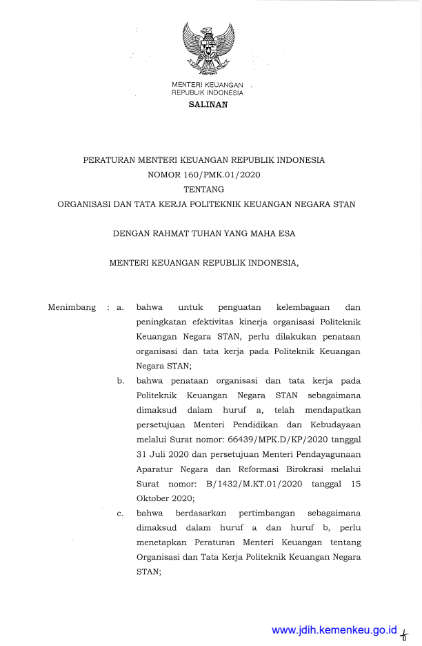 Peraturan Menteri Keuangan Nomor 160/PMK.01/2020