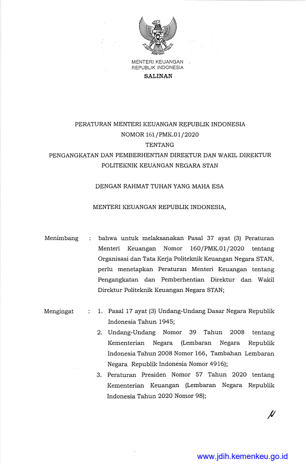 Peraturan Menteri Keuangan Nomor 161/PMK.01/2020