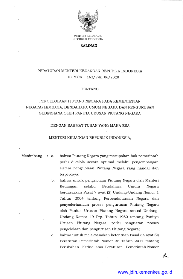 Peraturan Menteri Keuangan Nomor 163/PMK.06/2020