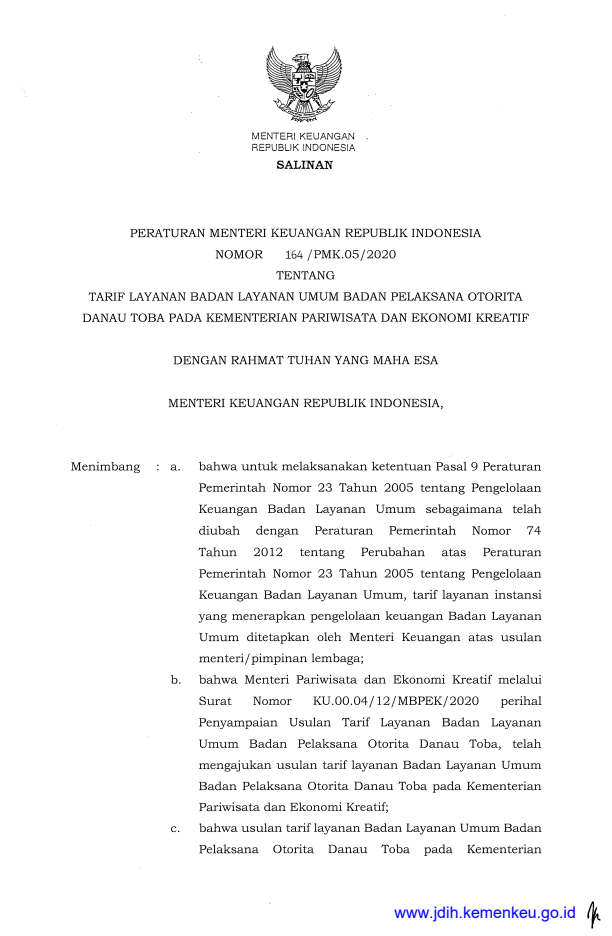 Peraturan Menteri Keuangan Nomor 164/PMK.05/2020