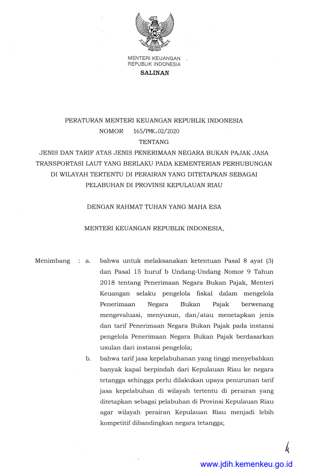 Peraturan Menteri Keuangan Nomor 165/PMK.02/2020