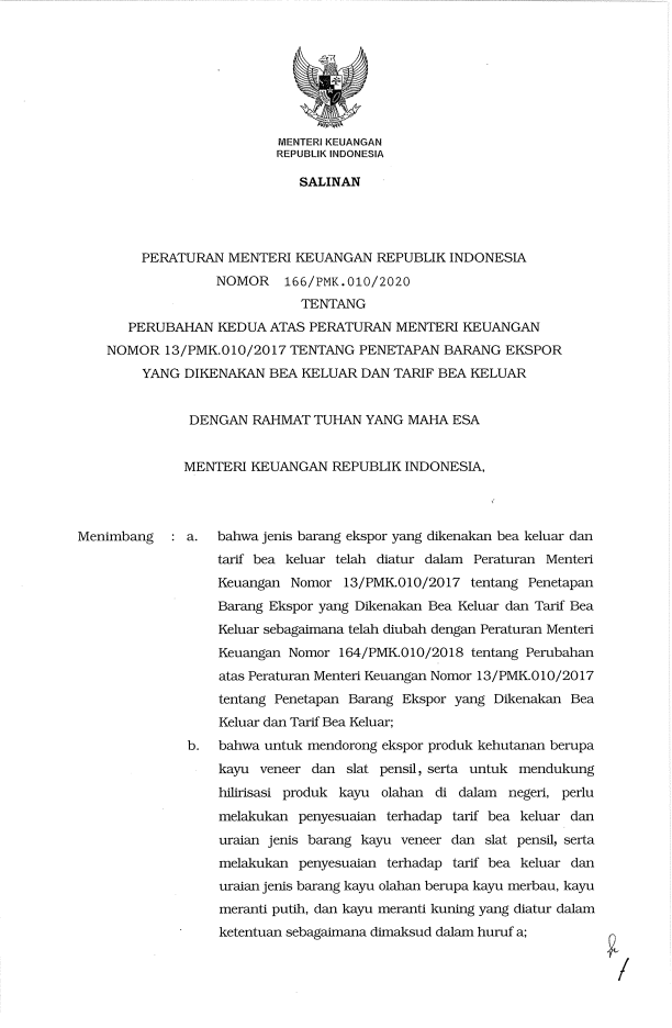 Peraturan Menteri Keuangan Nomor 166/PMK.010/2020