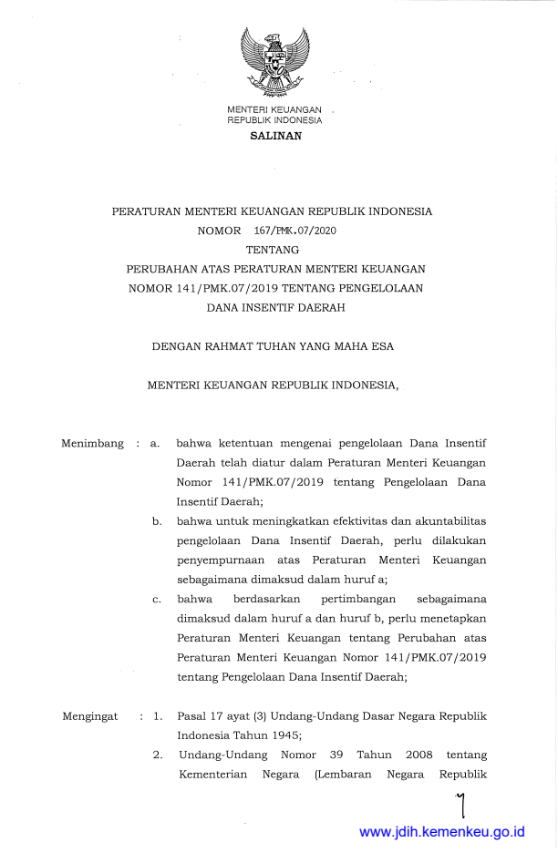 Peraturan Menteri Keuangan Nomor 167/PMK.07/2020