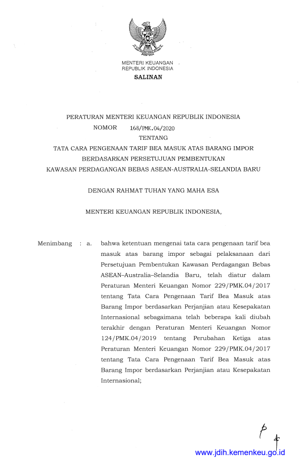 Peraturan Menteri Keuangan Nomor 168/PMK.04/2020