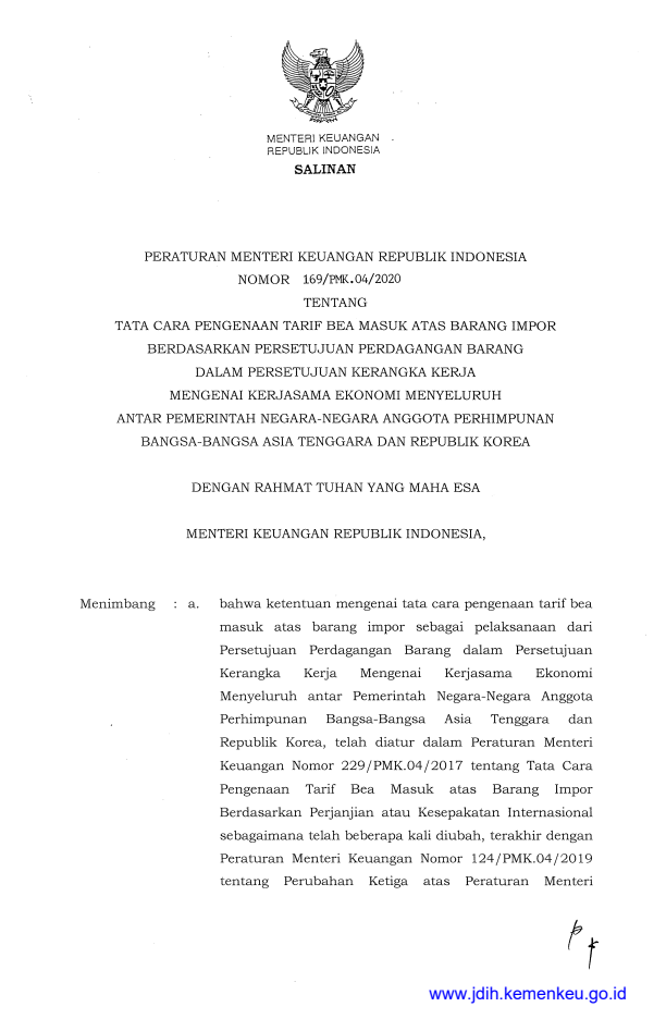 Peraturan Menteri Keuangan Nomor 169/PMK.04/2020