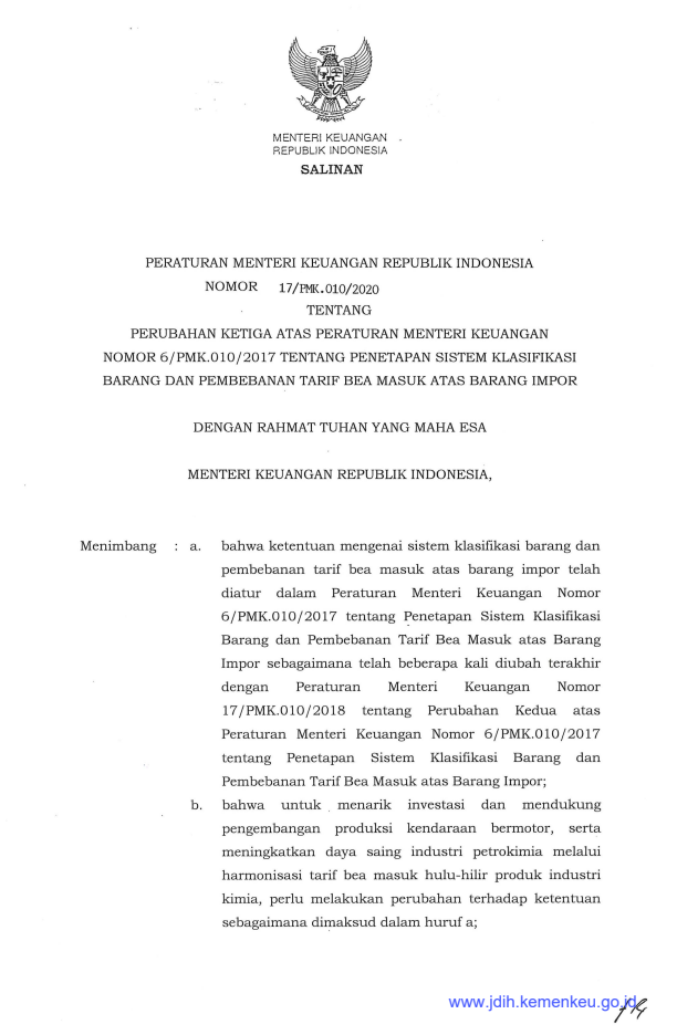 Peraturan Menteri Keuangan Nomor 17/PMK.010/2020