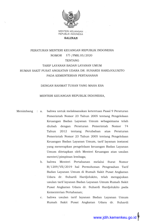 Peraturan Menteri Keuangan Nomor 175/PMK.05/2020