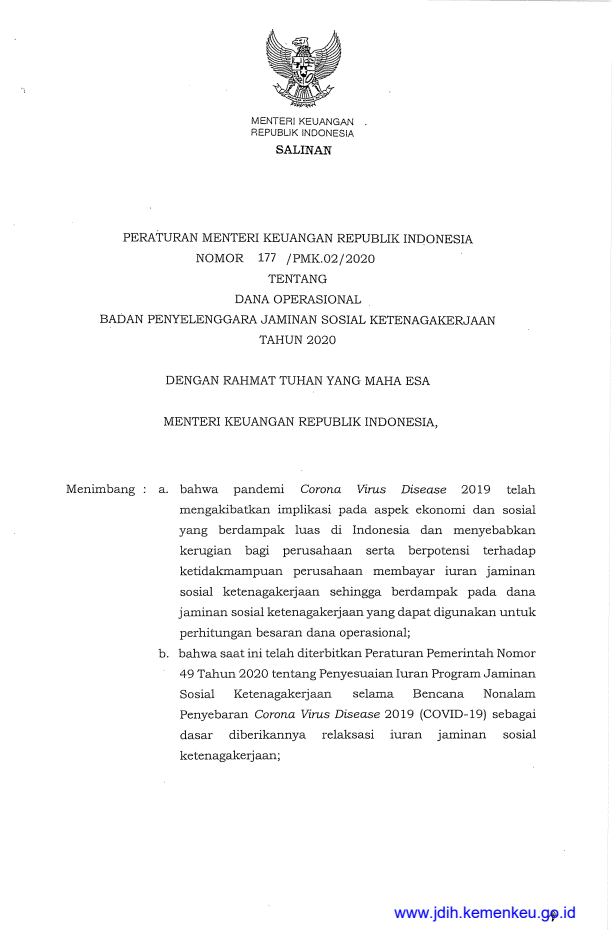 Peraturan Menteri Keuangan Nomor 177/PMK.02/2020