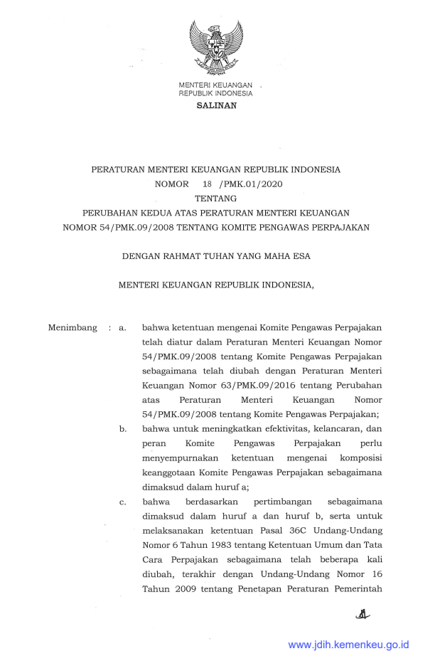 Peraturan Menteri Keuangan Nomor 18/PMK.01/2020