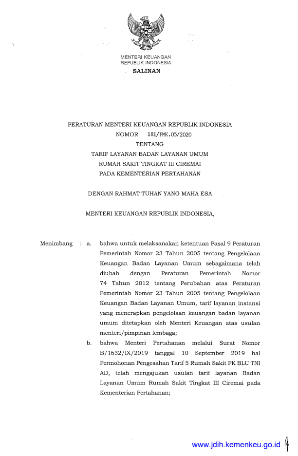 Peraturan Menteri Keuangan Nomor 181/PMK.05/2020