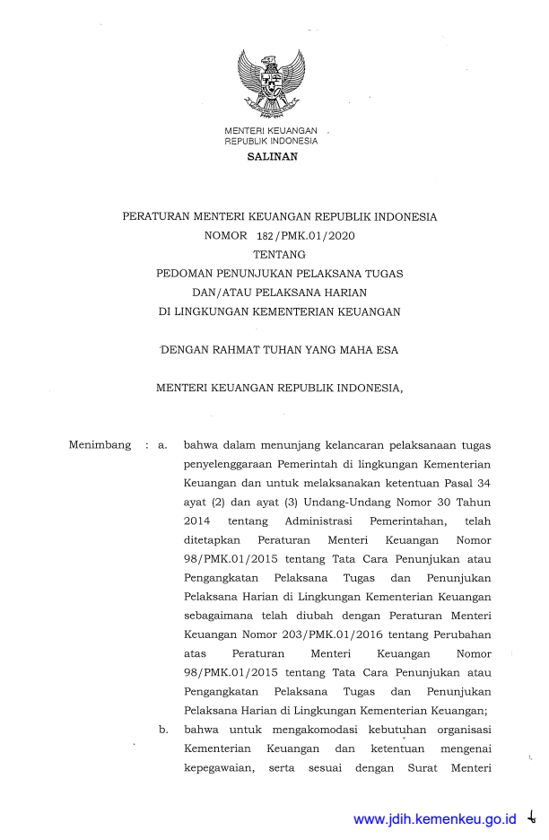 Peraturan Menteri Keuangan Nomor 182/PMK.01/2020