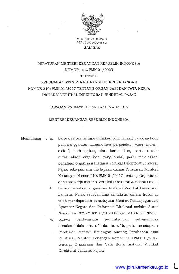 Peraturan Menteri Keuangan Nomor 184/PMK.01/2020