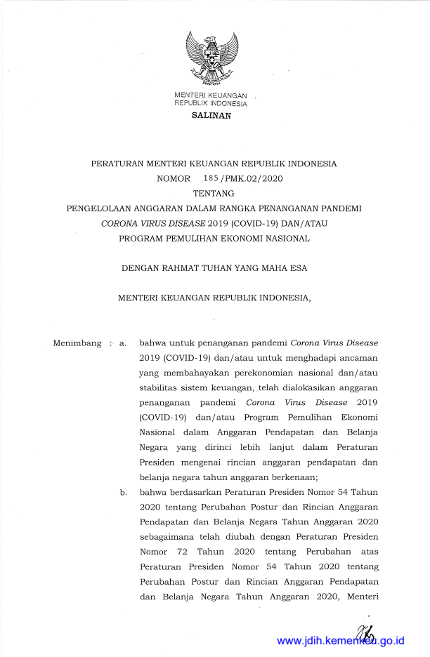 Peraturan Menteri Keuangan Nomor 185/PMK.02/2020