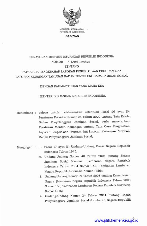 Peraturan Menteri Keuangan Nomor 186/PMK.02/2020