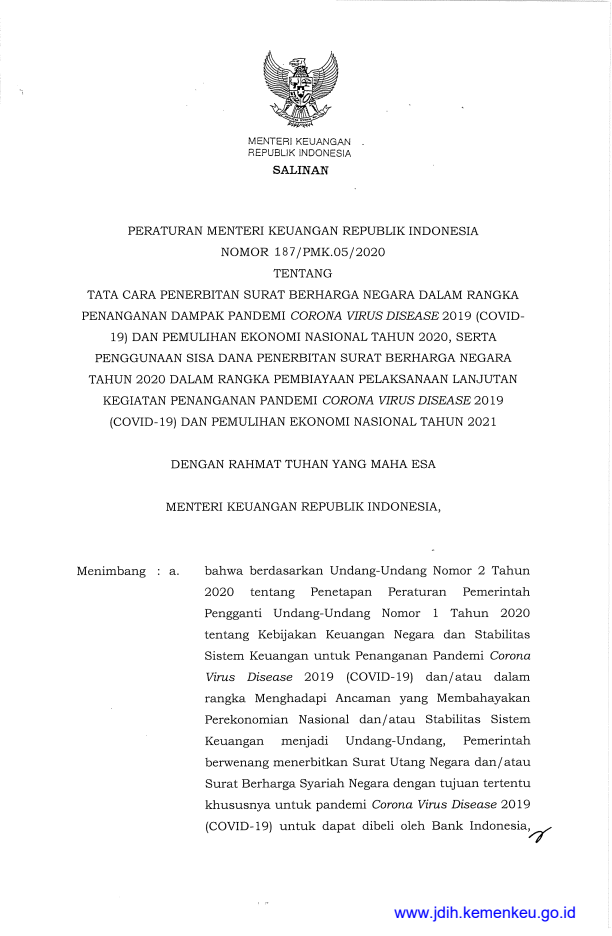 Peraturan Menteri Keuangan Nomor 187/PMK.05/2020