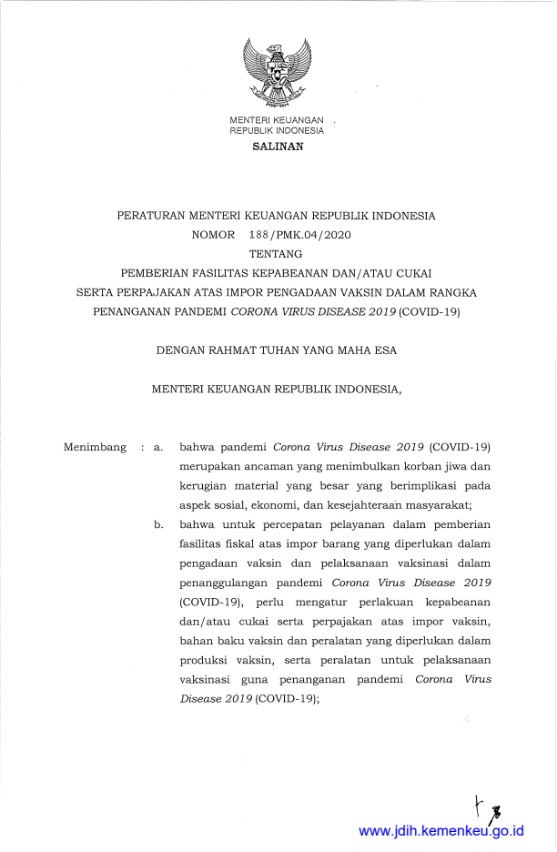 Peraturan Menteri Keuangan Nomor 188/PMK.04/2020