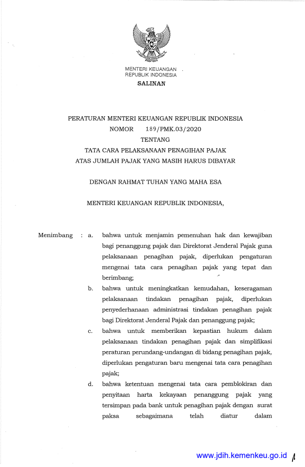 Peraturan Menteri Keuangan Nomor 189/PMK.03/2020