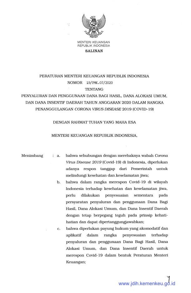 Peraturan Menteri Keuangan Nomor 19/PMK.07/2020