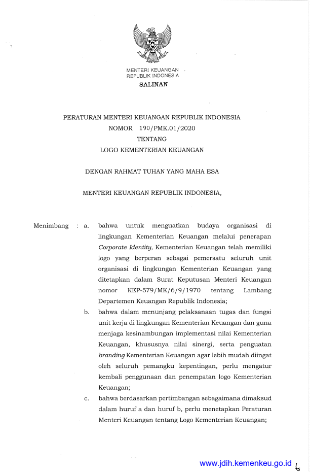 Peraturan Menteri Keuangan Nomor 190/PMK.01/2020