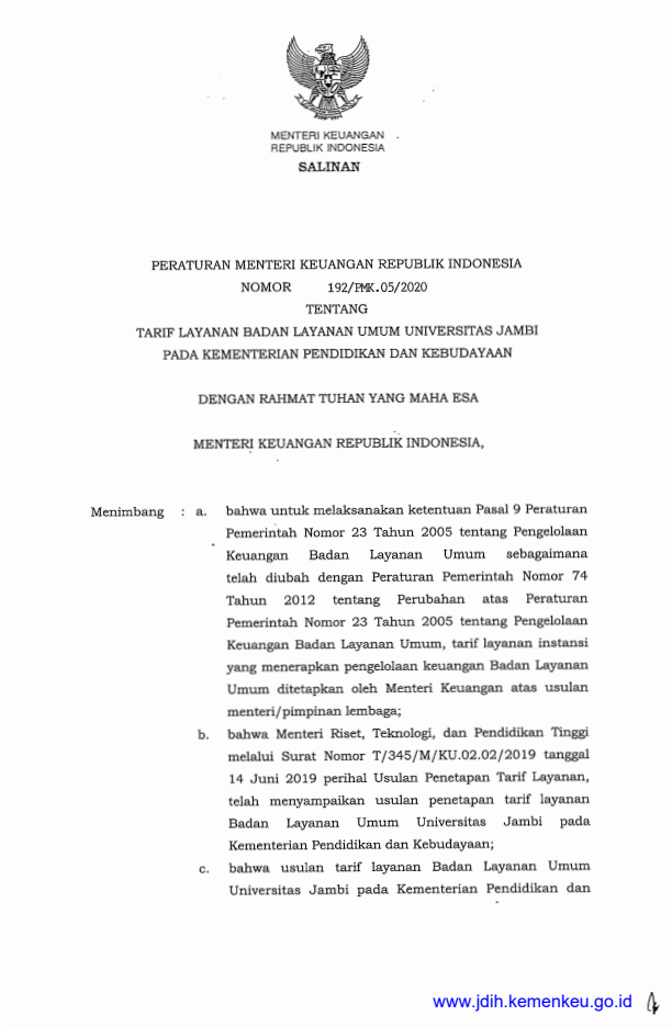 Peraturan Menteri Keuangan Nomor 192/PMK.05/2020