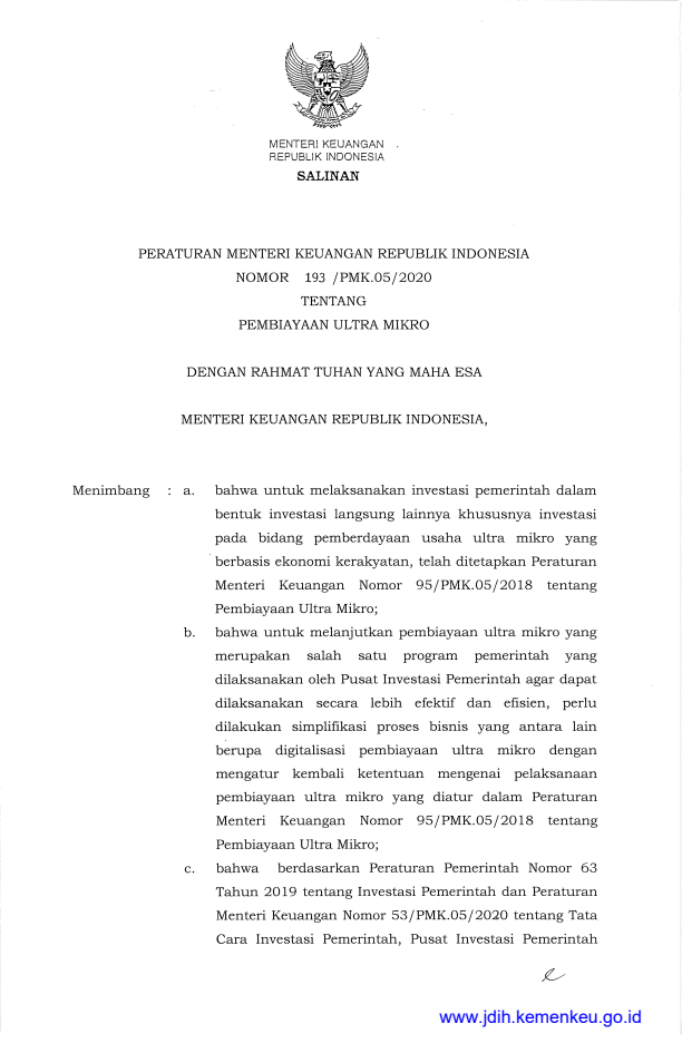 Peraturan Menteri Keuangan Nomor 193/PMK.05/2020