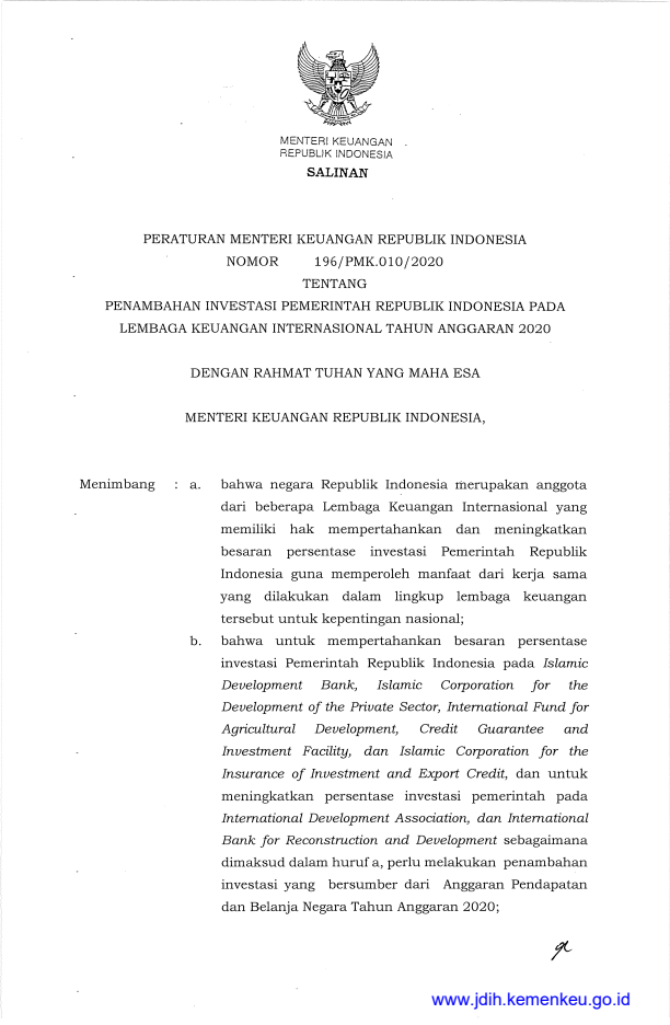 Peraturan Menteri Keuangan Nomor 196/PMK.010/2020